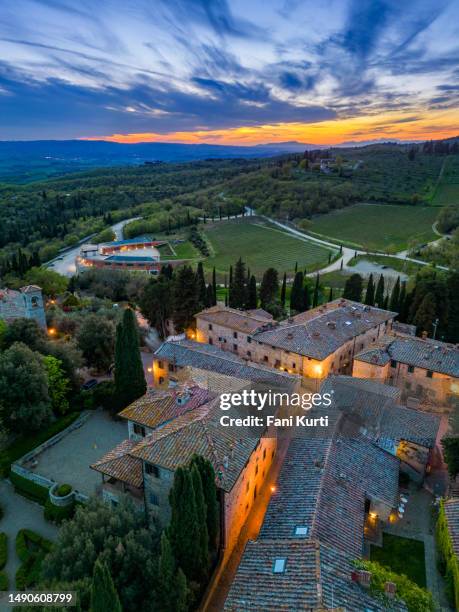 fonterutoli tuscan village from drone - medieval town stock pictures, royalty-free photos & images