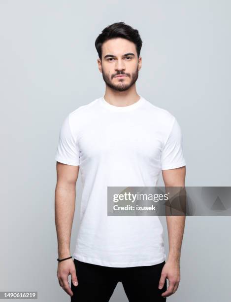 portrait of handsome young man - white t shirt bildbanksfoton och bilder