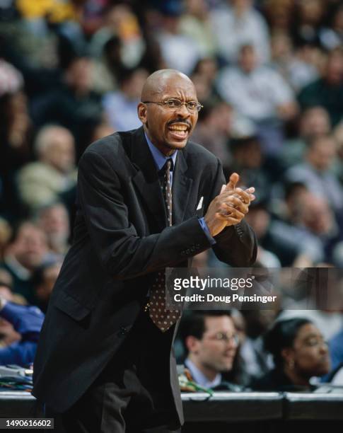 Darrell Walker, Head Coach for the Washington Wizards instructs the players from the sideline during the NBA Atlantic Division basketball game...