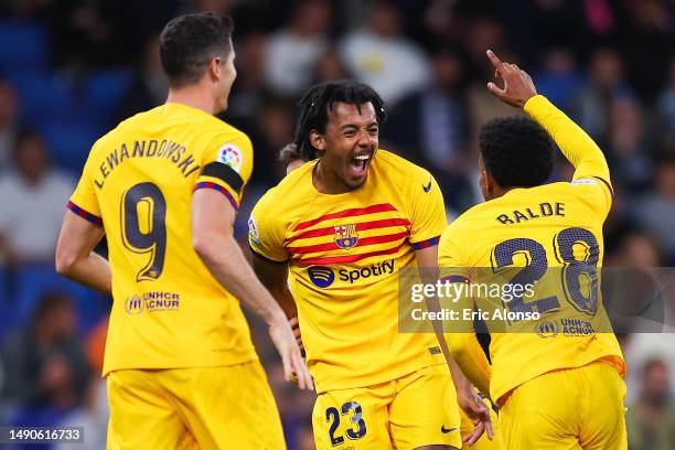 Jules Kounde of FC Barcelona celebrates with his teammates after scoring their team's fourth goal during the LaLiga Santander match between RCD...
