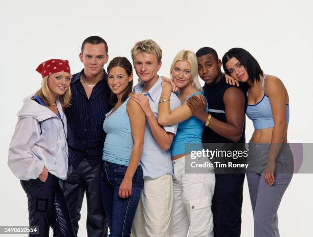 Studio portrait of British pop group S Club 7, circa 2001. From left to right: Hannah Spearritt, Paul Cattermole, Rachel Stevens, Jon Lee, Jo...