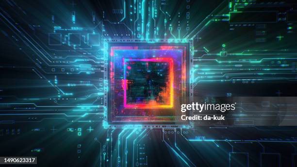 powerful cpu on circuit board with glowing data transfer - cpu stock pictures, royalty-free photos & images