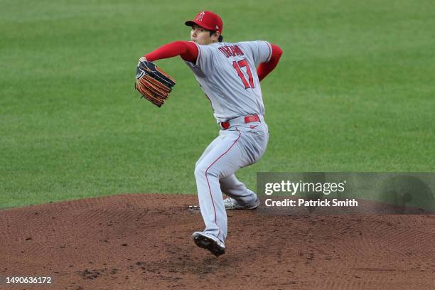 Starting pitcher Shohei Ohtani of the Los Angeles Angels pitches in the second inning against the Baltimore Orioles at Oriole Park at Camden Yards on...