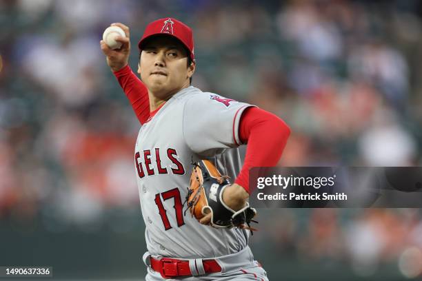 Starting pitcher Shohei Ohtani of the Los Angeles Angels pitches in the fourth inning against the Baltimore Orioles at Oriole Park at Camden Yards on...