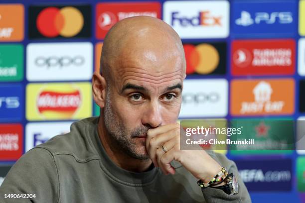 Pep Guardiola, Manager of Manchester City speaks to the media during a press conference ahead of their UEFA Champions League semi-final second leg...