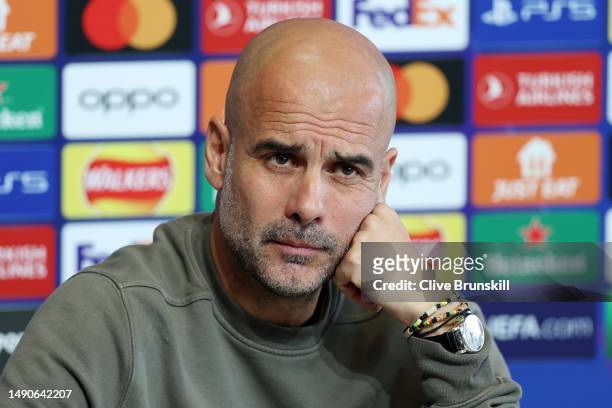 Pep Guardiola, Manager of Manchester City speaks to the media during a press conference ahead of their UEFA Champions League semi-final second leg...
