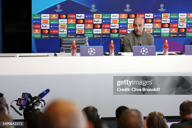 Pep Guardiola, Manager of Manchester City speaks to the media during a press conference ahead of their UEFA Champions League semi-final second leg...