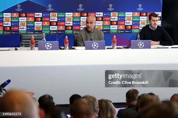 Pep Guardiola, Manager of Manchester City speaks to the media during a press conference ahead of their UEFA Champions League semi-final second leg...