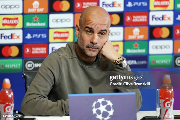 Pep Guardiola, Manager of Manchester City speaks to the media during a press conference ahead of their UEFA Champions League semi-final second leg...