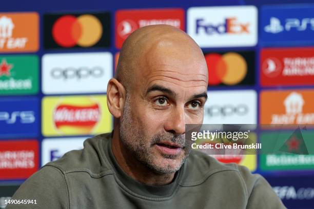 Pep Guardiola, Manager of Manchester City speaks to the media during a press conference ahead of their UEFA Champions League semi-final second leg...