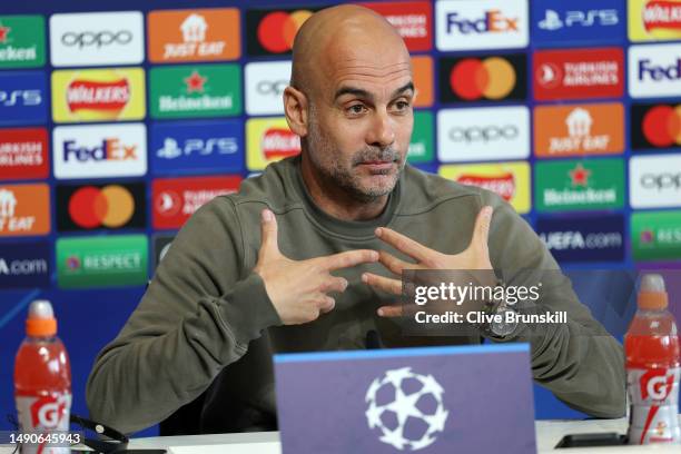 Pep Guardiola, Manager of Manchester City speaks to the media during a press conference ahead of their UEFA Champions League semi-final second leg...