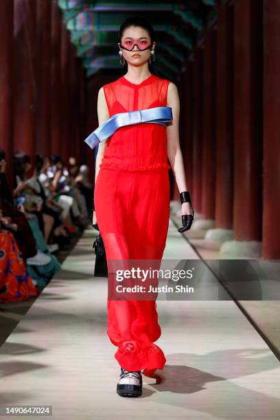 Model walks the runway during the Gucci Seoul Cruise 2024 fashion show at Gyeongbokgung Palace on May 16, 2023 in Seoul, South Korea.