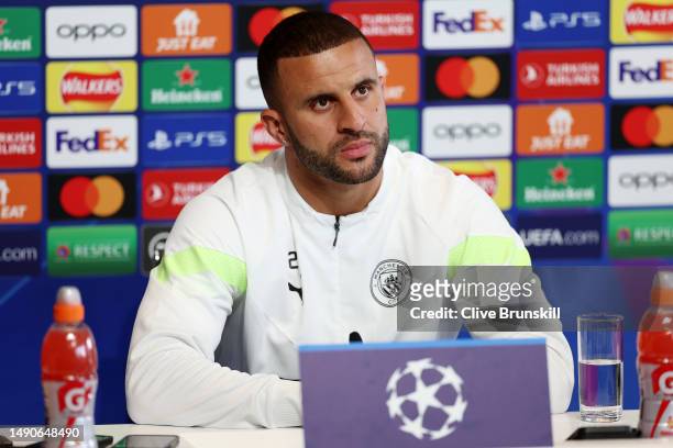 Kyle Walker of Manchester City speaks to the media during a press conference ahead of their UEFA Champions League semi-final second leg match against...