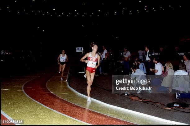 Runner Mary Decker races to victory in the 2,000 meter race at the Sunkist Track Meet where she set a New World Indoor Record of 5:32.7, January 18,...