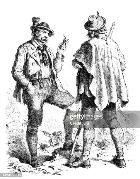 traditional costume of men in miesbach, bavaria, two men standing together, talking - menswear stock illustrations