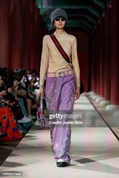 Model walks the runway during the Gucci Seoul Cruise 2024 fashion show at Gyeongbokgung Palace on May 16, 2023 in Seoul, South Korea.