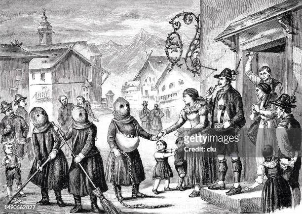 bavarian custom on epiphany, berchtengehen, women with a bag over their head going from house to house - epiphany stock illustrations