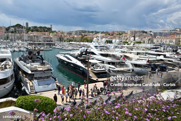 Sailing boats are moored during during the 76th annual Cannes film festival at on May 16, 2023 in Cannes, France.