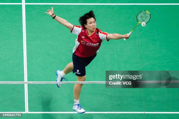 He Bingjiao of China competes in the Women's Singles group match against Yeo Jia Min of Singapore on day three of the Sudirman Cup at Suzhou Olympic...