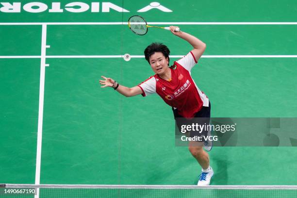 He Bingjiao of China competes in the Women's Singles group match against Yeo Jia Min of Singapore on day three of the Sudirman Cup at Suzhou Olympic...