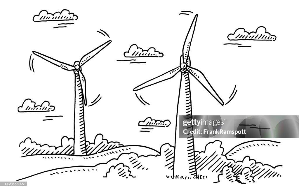 Wind Power Drawing Landscape Two Wind Turbines Drawing High-Res Vector Graphic - Getty Images