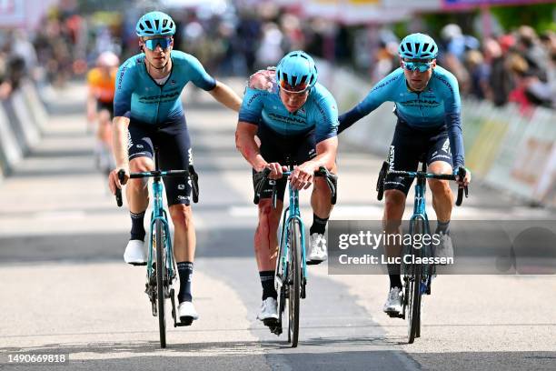 Cees Bol of The Netherlands, Gleb Syritsa of Rusia and Yuriy Natarov of Kazakhstan and Team Astana-Qazaqstan cross the finish line during the 67th 4...