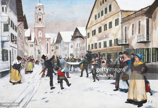 germany, bavaria, mittenwald, people celebrating carnival in the main street - fasnacht stock illustrations