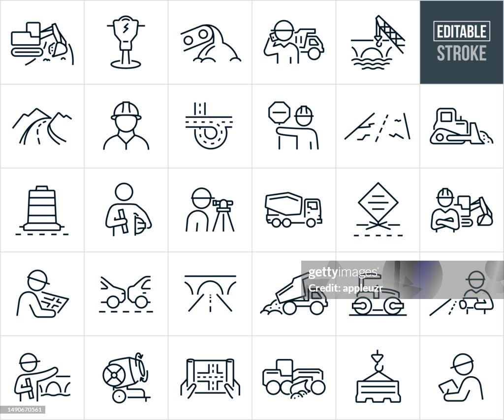 Road Construction Thin Line Icons - Editable Stroke