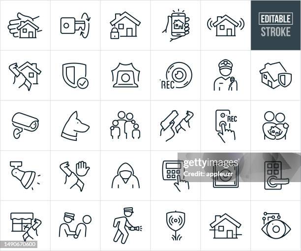 illustrazioni stock, clip art, cartoni animati e icone di tendenza di icone linea sottile di sicurezza domestica - tratto modificabile - furto