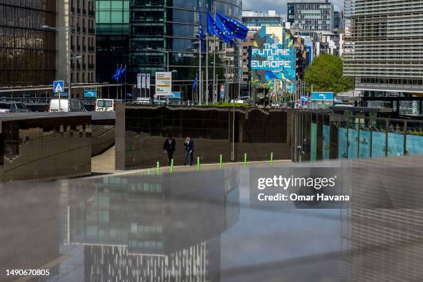 The famous graffiti mural painted by Belgian artist NovaDead, The Future is Europe, is seen among the buildings of the European institutions on the...