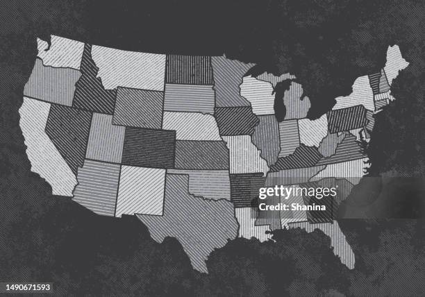 usa states map halftone lines texture - dark background - black and white map of the united states stock illustrations