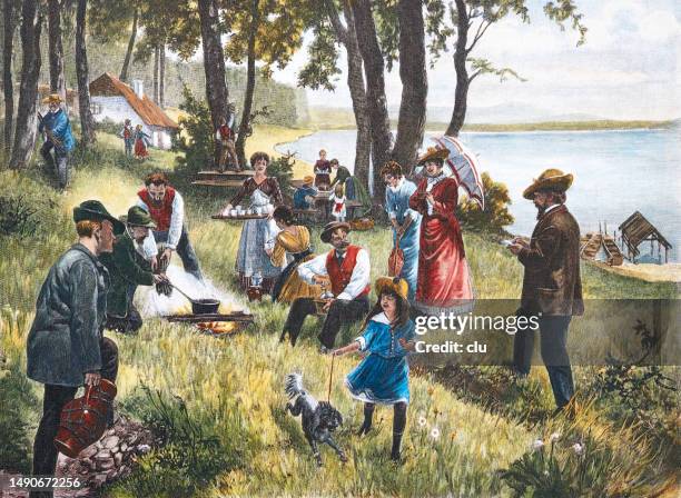 people enjoying picnic and having fun at the ammersee, bavaria - ammersee stock illustrations