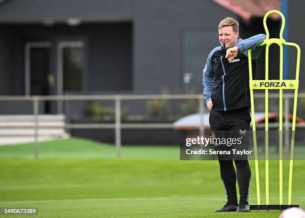 Newcastle United Head Coach Eddie Howe looks on during the Newcastle United Training Session at the Newcastle United Training Centre on May 16, 2023...