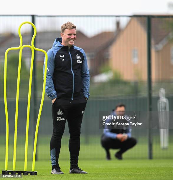 Newcastle United Head Coach Eddie Howe smiles during the Newcastle United Training Session at the Newcastle United Training Centre on May 16, 2023 in...