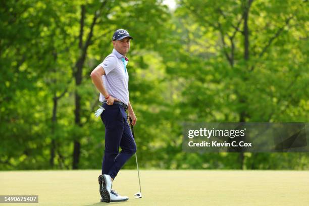 Justin Thomas of the United States stands on the 14th hole during a practice round prior to the 2023 PGA Championship at Oak Hill Country Club on May...