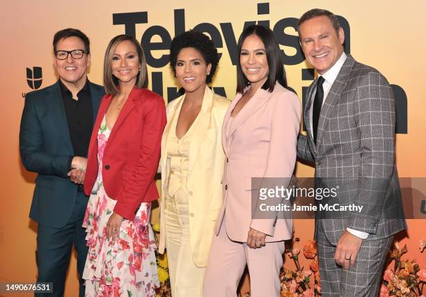 Raúl González, Satcha Pretto, Francisca Lachapel, Karla Martínez and Alan Tacher attend the 2023 TelevisaUnivision Upfront at Pier 36 on May 16, 2023...