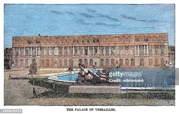 old engraved illustration of versailles palace, paris, france - yvelines stock pictures, royalty-free photos & images