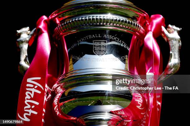 Detailed view of the Vitality Women's FA Cup trophy is seen prior to the Vitality Women's FA Cup Final match between Chelsea and Manchester United at...