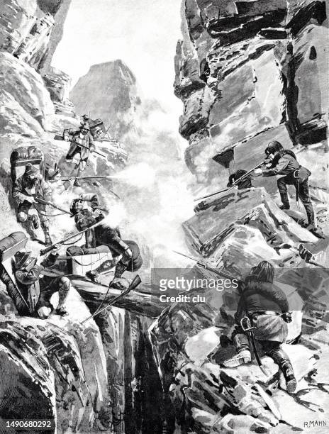 fight of border troops in the alps against smugglers - smuggling stock illustrations