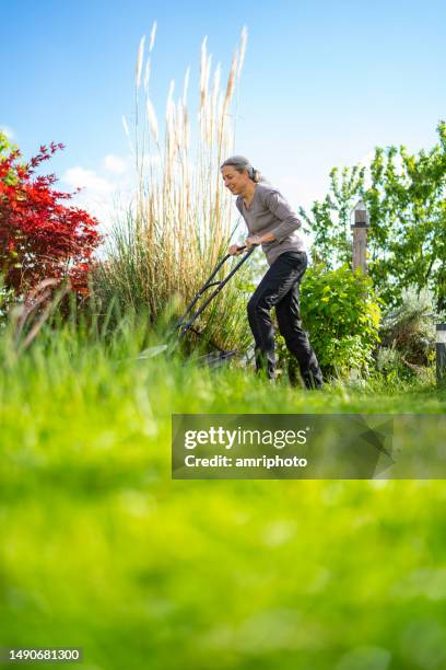 frau mäht frisches grünes gras im garten - rasenmäher stock-fotos und bilder
