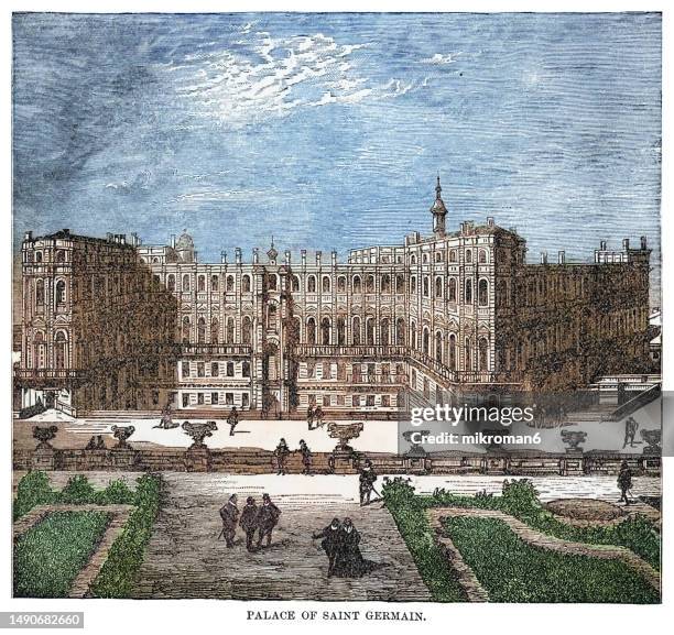 old engraved illustration of the château de saint-germain-en-laye, a former royal palace in the département of yvelines, france (today national museum of archaeology) - yvelines stock pictures, royalty-free photos & images