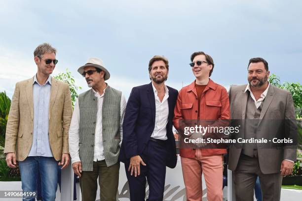 Damián Szifron, Atiq Rahimi, Ruben Östlund, Paul Dano and Denis Ménochet attend the jury photocall at the 76th annual Cannes film festival at Palais...