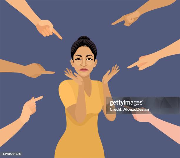 ilustrações de stock, clip art, desenhos animados e ícones de indian woman surrounded by hands with index fingers pointing at her. concept of accusation guilty person. - pressão física