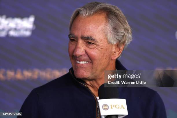 Seth Waugh, Chief Executive Officer of the PGA of America, speaks to the media during a press conference prior to the 2023 PGA Championship at Oak...