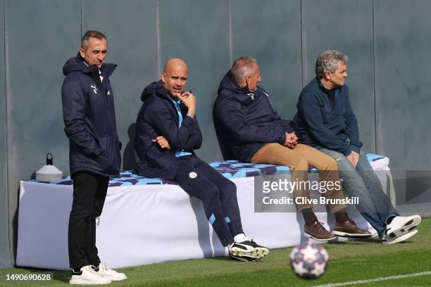 Pep Guardiola, Manager of Manchester City, looks on during a training session ahead of their UEFA Champions League semi-final second leg match...