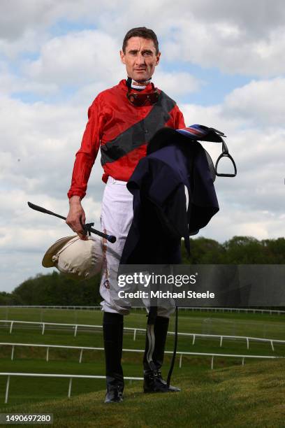 Jockey, Dougie Costello poses for a portrait following his ride on Time's Eye at Chepstow Racecourse on May 16, 2023 in Chepstow, Wales.