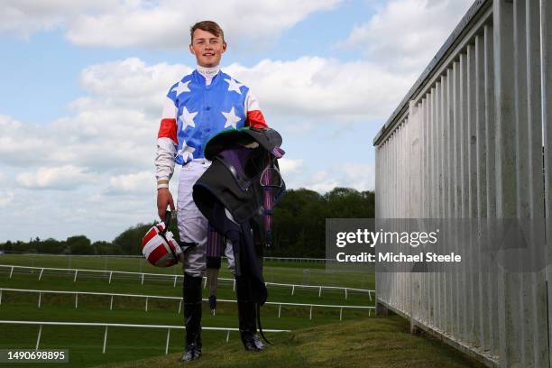 Jockey, William Cox poses for a portrait following his win in the fourth race on Vape at Chepstow Racecourse on May 16, 2023 in Chepstow, Wales.