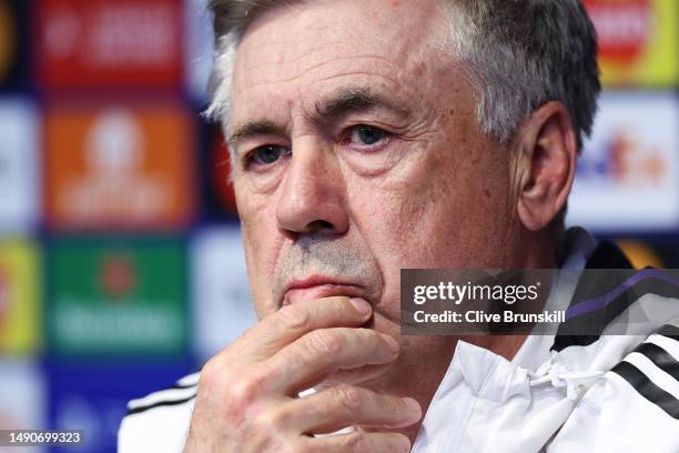 Carlo Ancelotti, Head Coach of Real Madrid, speaks to the media during a press conference ahead of their UEFA Champions League semi-final second leg...