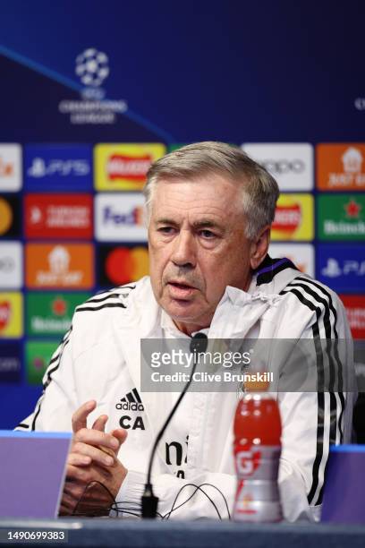 Carlo Ancelotti, Head Coach of Real Madrid, speaks to the media during a press conference ahead of their UEFA Champions League semi-final second leg...