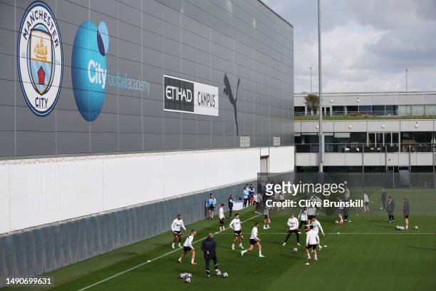General view as Manchester City players take part in a training session ahead of their UEFA Champions League semi-final second leg match against Real...